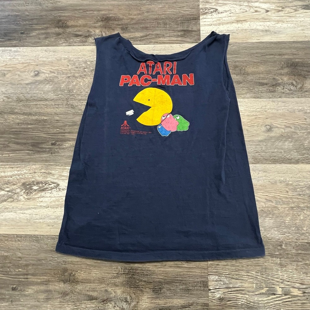 Vintage 80s Atari Pac-Man Blue Men's S‎ Retro Gamer Cutoff Sleeveless T-Shirt